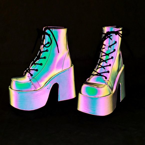 Camel Purple Green Reflective Rave Royalty Festival Platform Ankle Boots - Picture 11 of 15